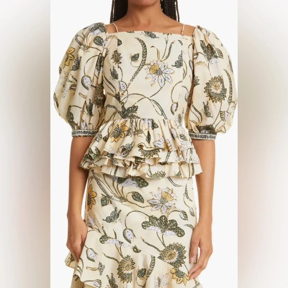 ULLA JOHNSON Carlotta Floral Cotton Peplum Top in Lemonbalm 🔥🔥✨✨✨ SZ 6 New - Picture 4 of 11